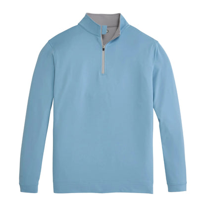Light blue quarter-zip pullover with gray collar lining and silver zipper