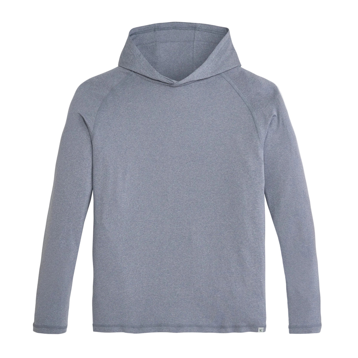 Men's heather blue pullover hoodie with raglan sleeves and no drawstring