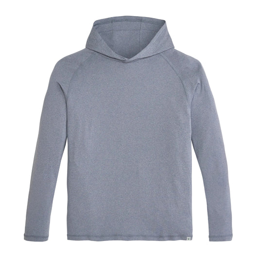 Men's heather blue pullover hoodie with raglan sleeves and no drawstring