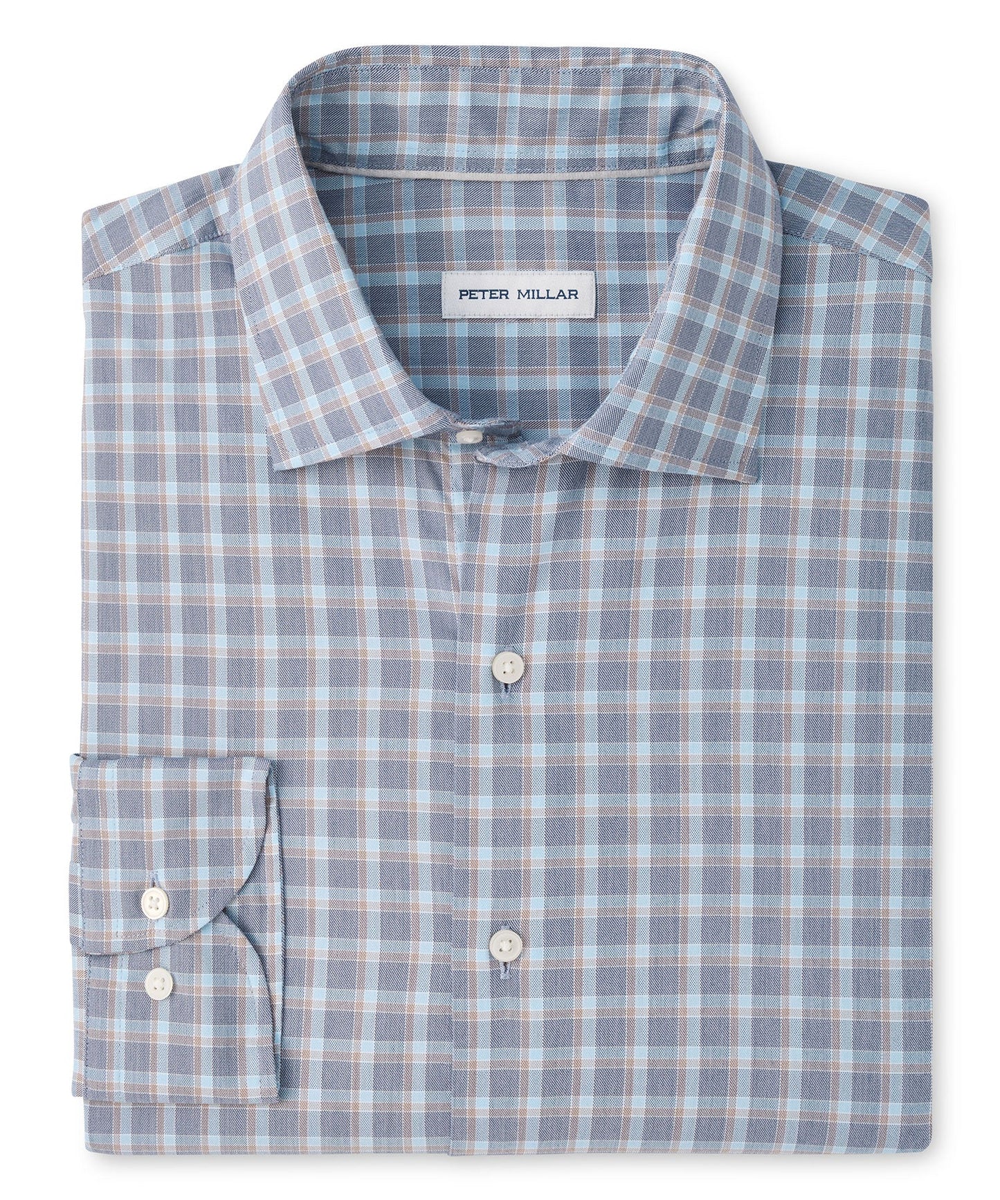 Peter Millar plaid button-down shirt in blue, grey, and tan check pattern