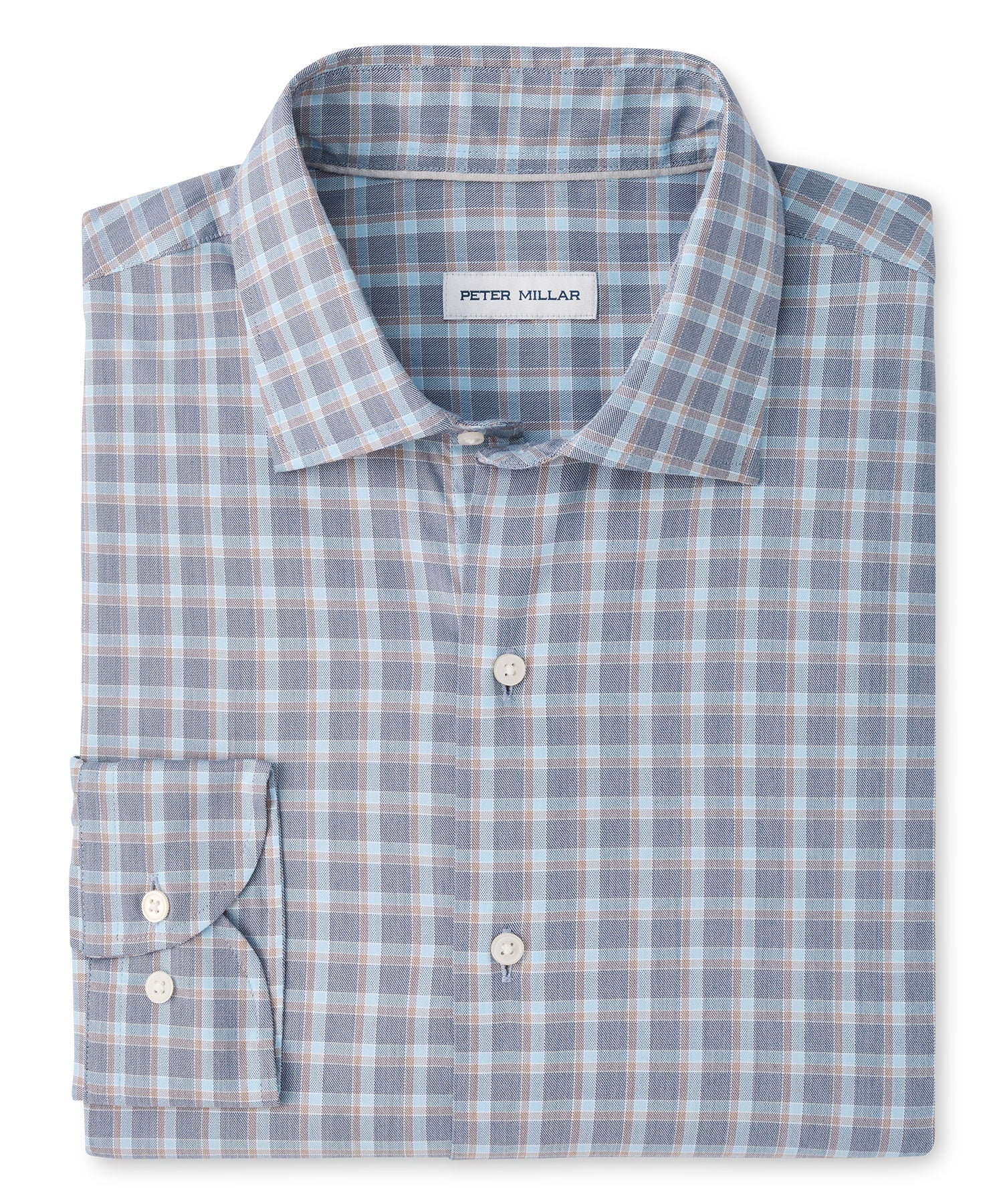 Peter Millar plaid button-down shirt in blue, grey, and tan check pattern