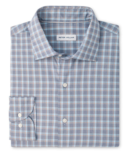 Peter Millar plaid button-down shirt in blue, grey, and tan check pattern