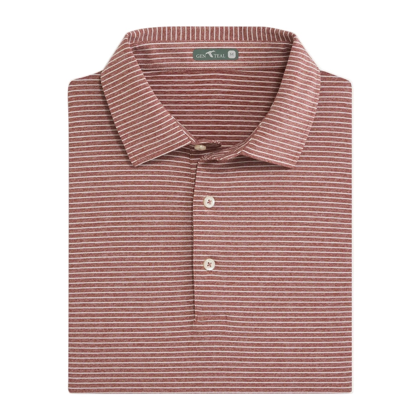 Folded burgundy and white striped men's polo shirt with collar and three buttons