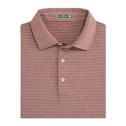 Folded burgundy and white striped men's polo shirt with collar and three buttons