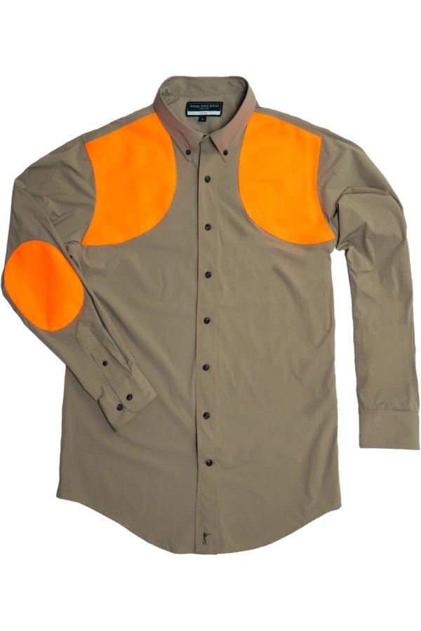 Tan long-sleeve hunting shirt with blaze orange shooting shoulders and elbow patches