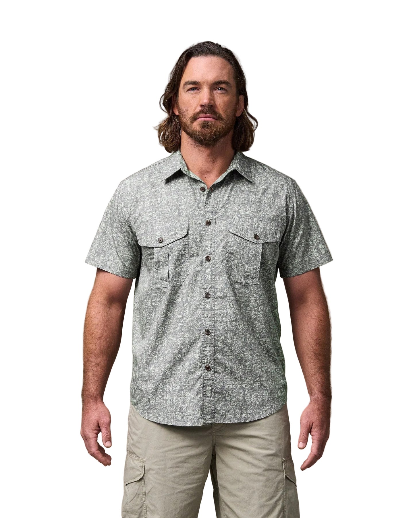 Washed SS Feather Cloth Shirt Khaki Print