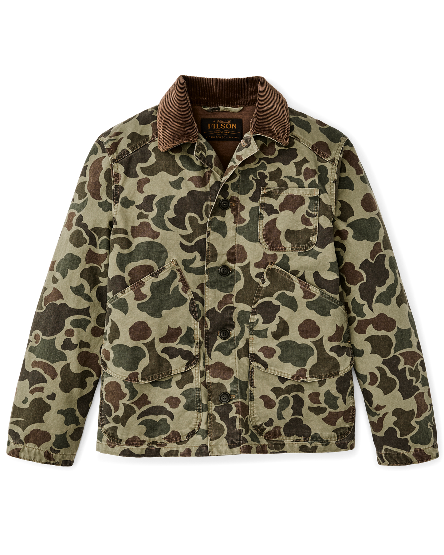 Filson Canvas Outfitter Jacket in frog camo with corduroy collar and button front