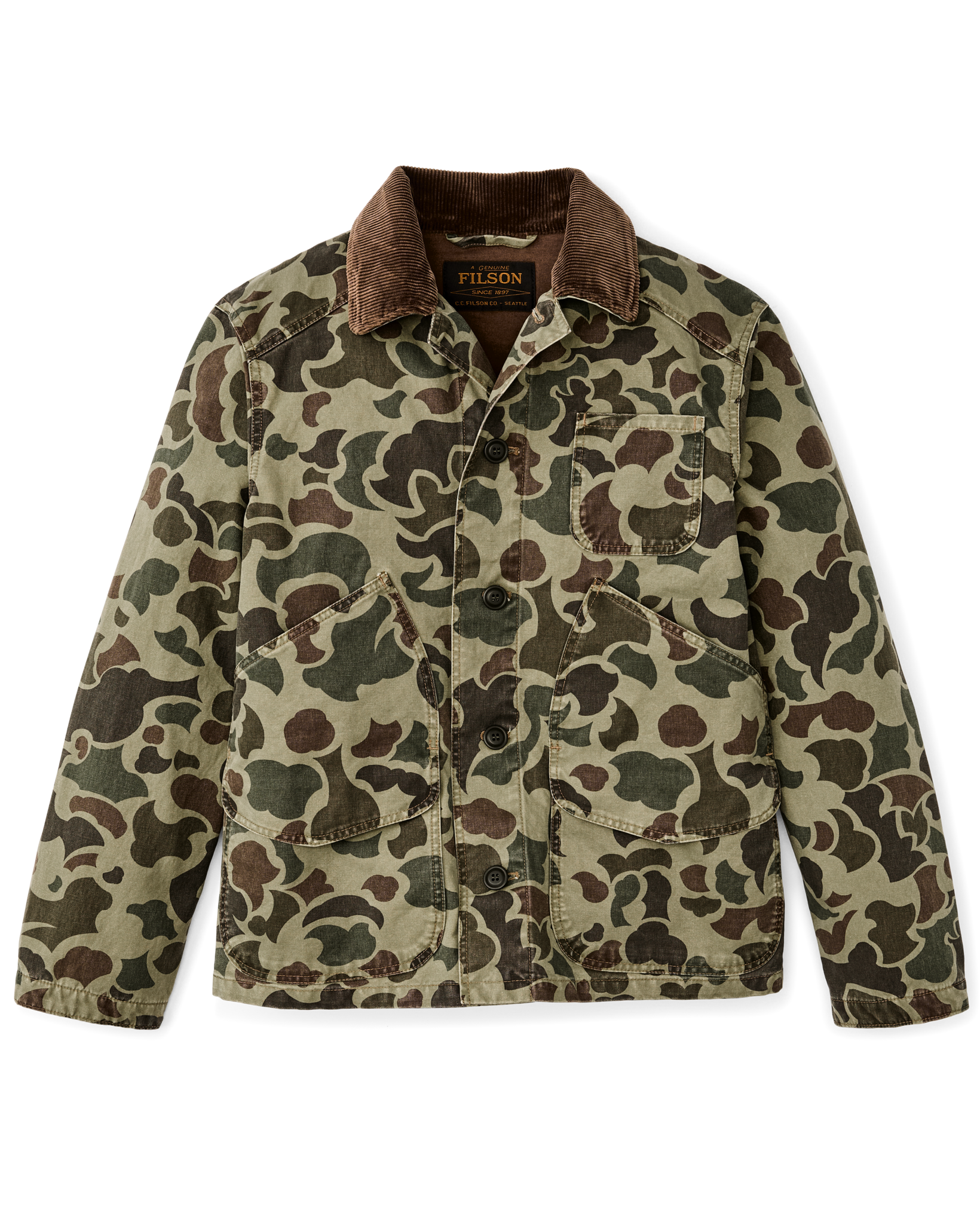 Filson Canvas Outfitter Jacket in frog camo with corduroy collar and button front