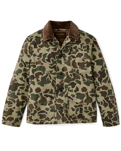 Filson Canvas Outfitter Jacket in frog camo with corduroy collar and button front