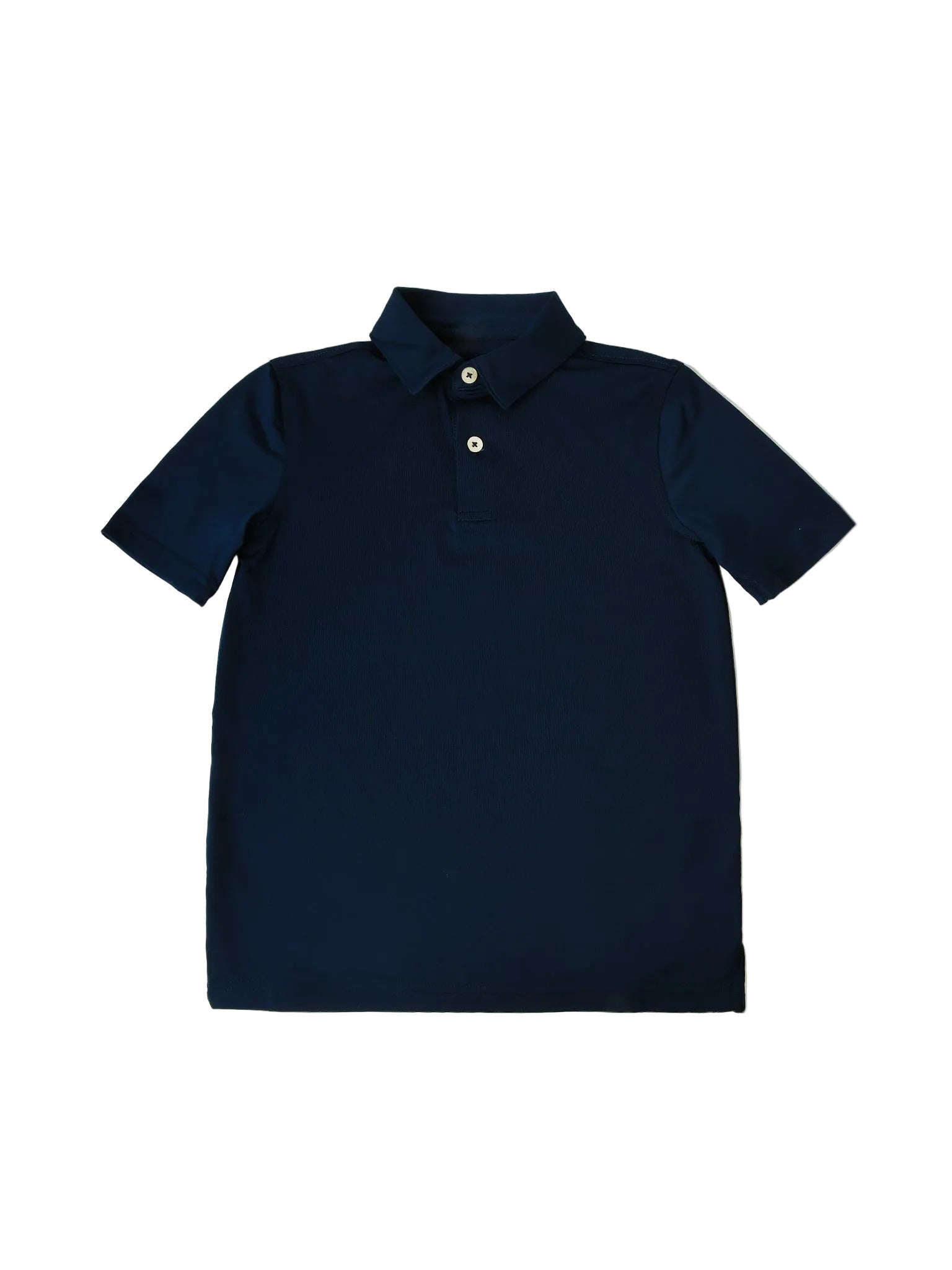 Navy blue short-sleeve youth polo shirt with collar and two buttons