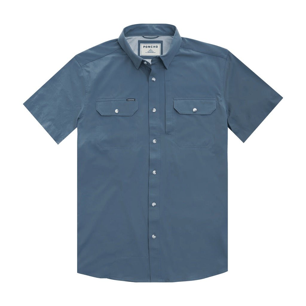 Poncho Outdoors Ahi slate blue short-sleeve button-up shirt with dual chest pockets