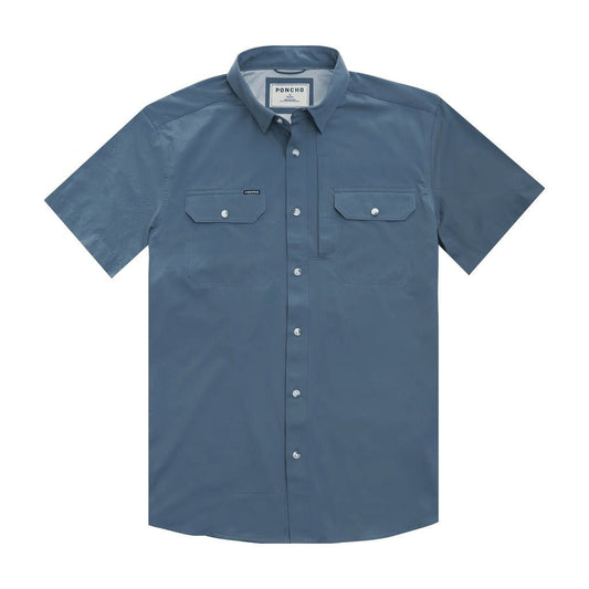 Poncho Outdoors Ahi slate blue short-sleeve button-up shirt with dual chest pockets