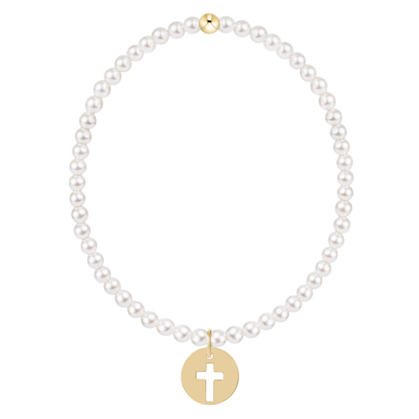 White pearl stretch bracelet with gold cross disc charm and gold accent bead