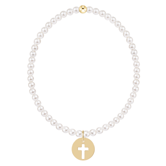 White pearl stretch bracelet with gold cross disc charm and gold accent bead