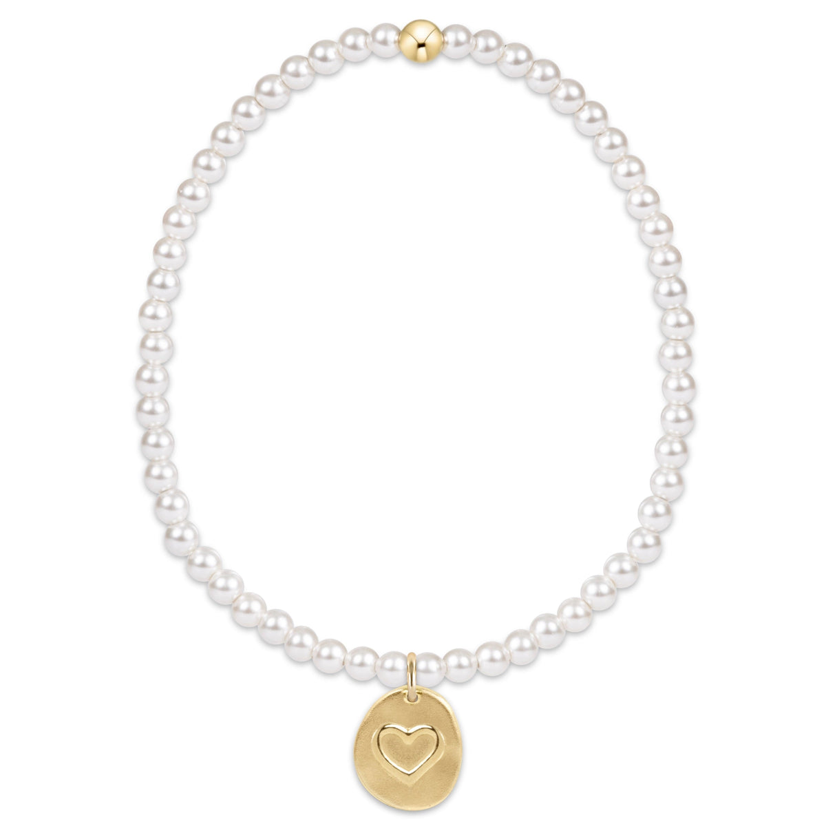 White pearl beaded bracelet with gold heart disc charm and gold magnetic clasp