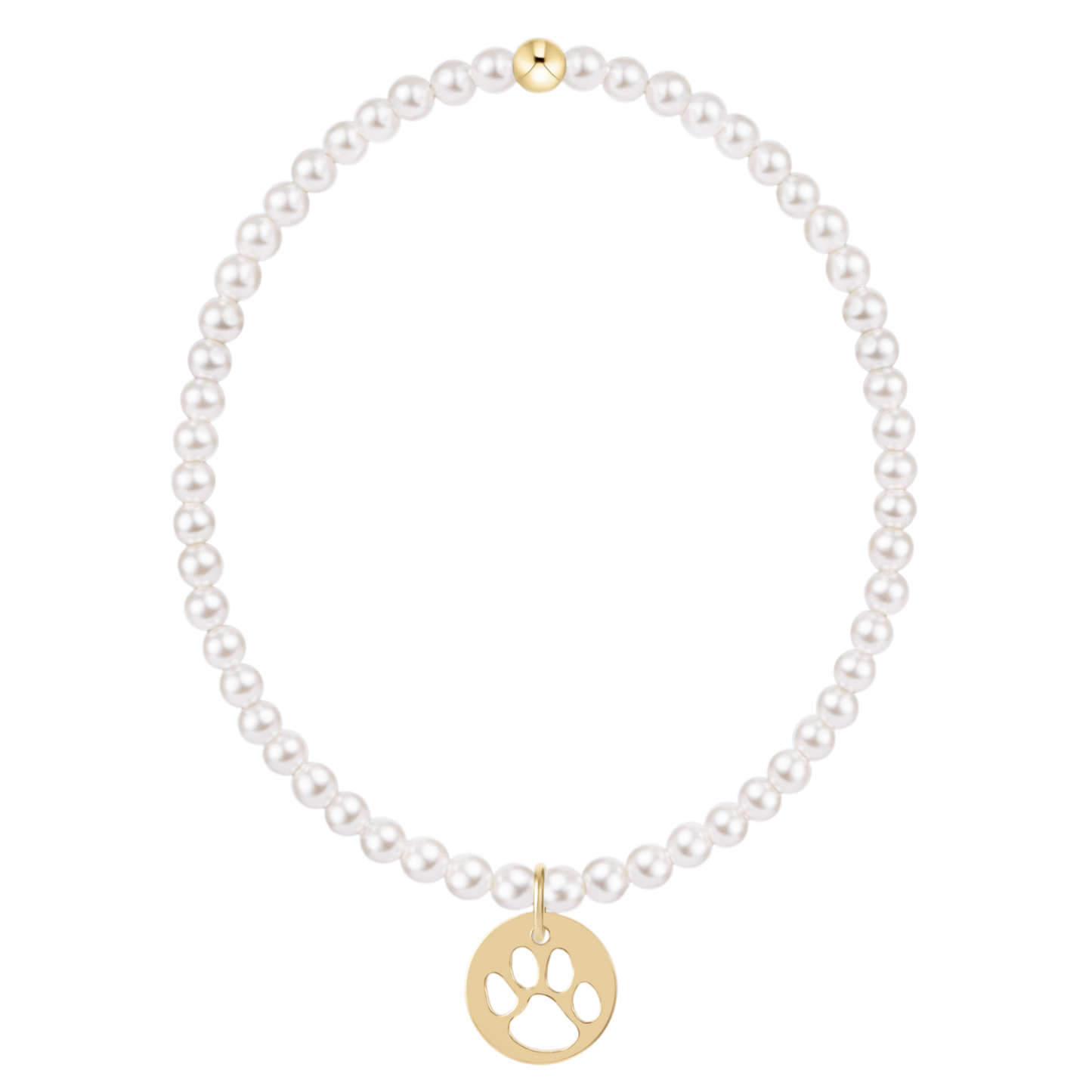 White pearl beaded bracelet with gold paw print disc charm and gold accent bead