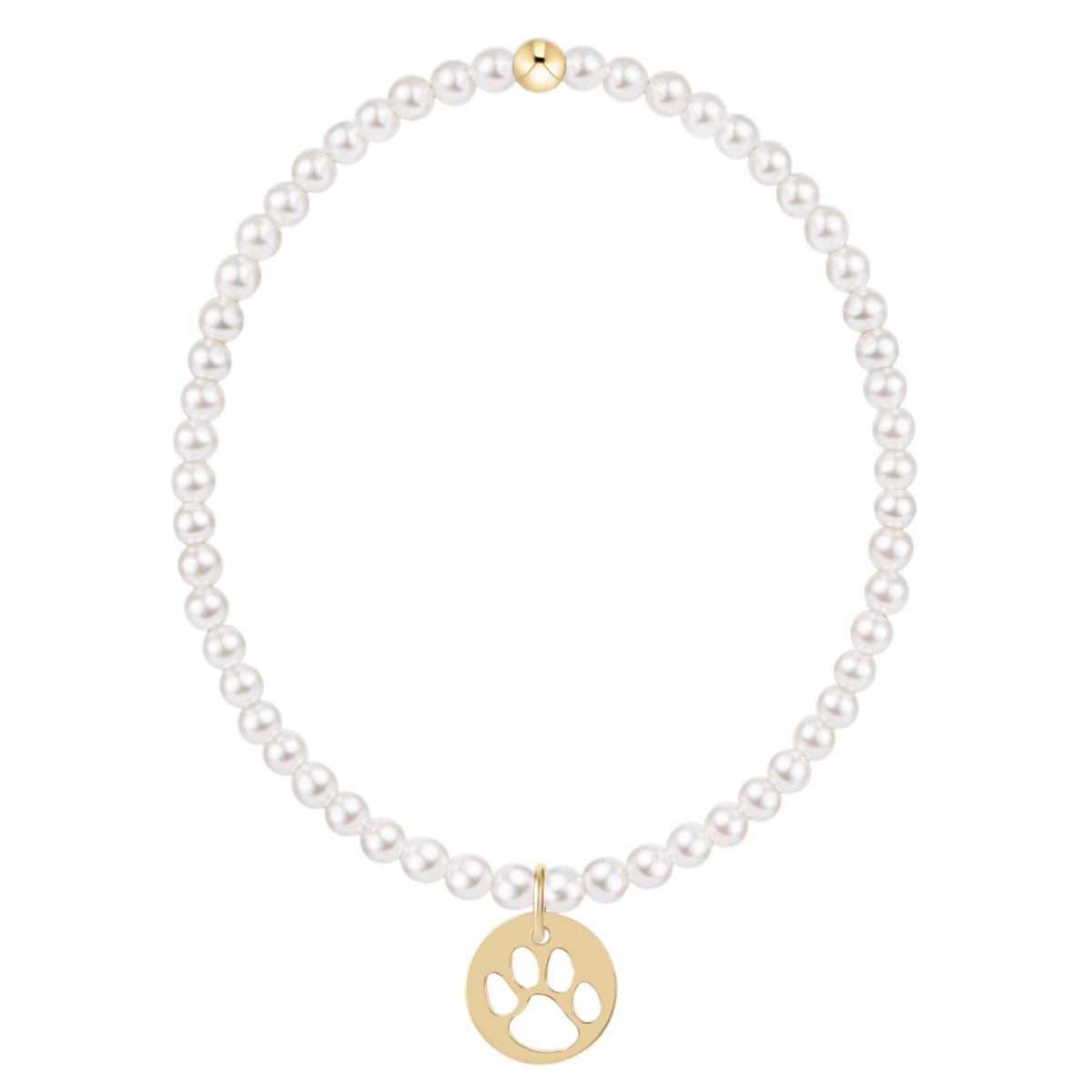 White pearl beaded bracelet with gold paw print disc charm and gold accent bead