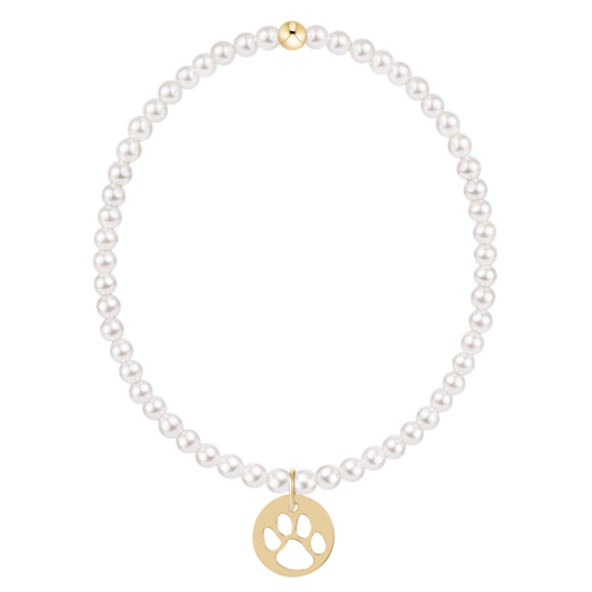 White pearl beaded bracelet with gold paw print disc charm and gold accent bead