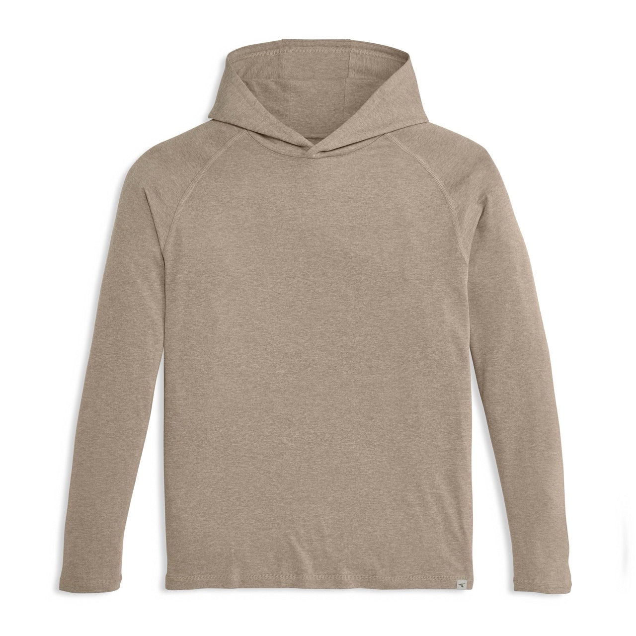 Heather tan pullover hoodie with raglan sleeves and no drawstring, flat lay view