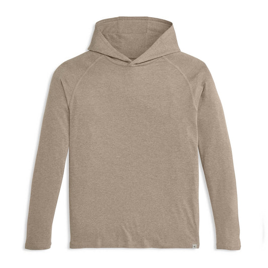 Heather tan pullover hoodie with raglan sleeves and no drawstring, flat lay view