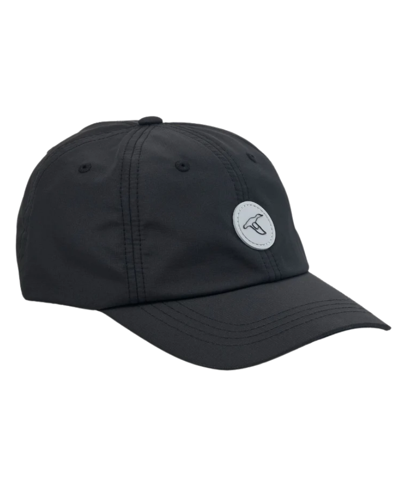 Black six-panel performance cap with curved brim and circular logo patch