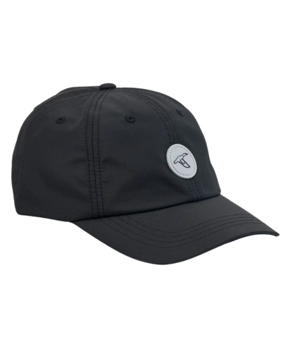 Black six-panel performance cap with curved brim and circular logo patch