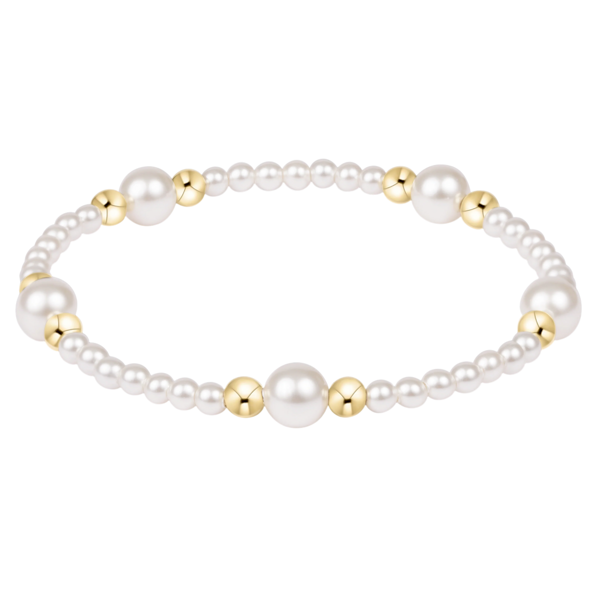 White pearl and gold-filled bead stretch bracelet with mixed 3mm and 6mm pearls