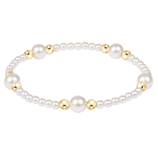 White pearl and gold-filled bead stretch bracelet with mixed 3mm and 6mm pearls