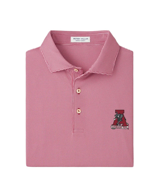 Peter Millar crimson houndstooth polo with Alabama Crimson Tide vault logo embroidered on chest