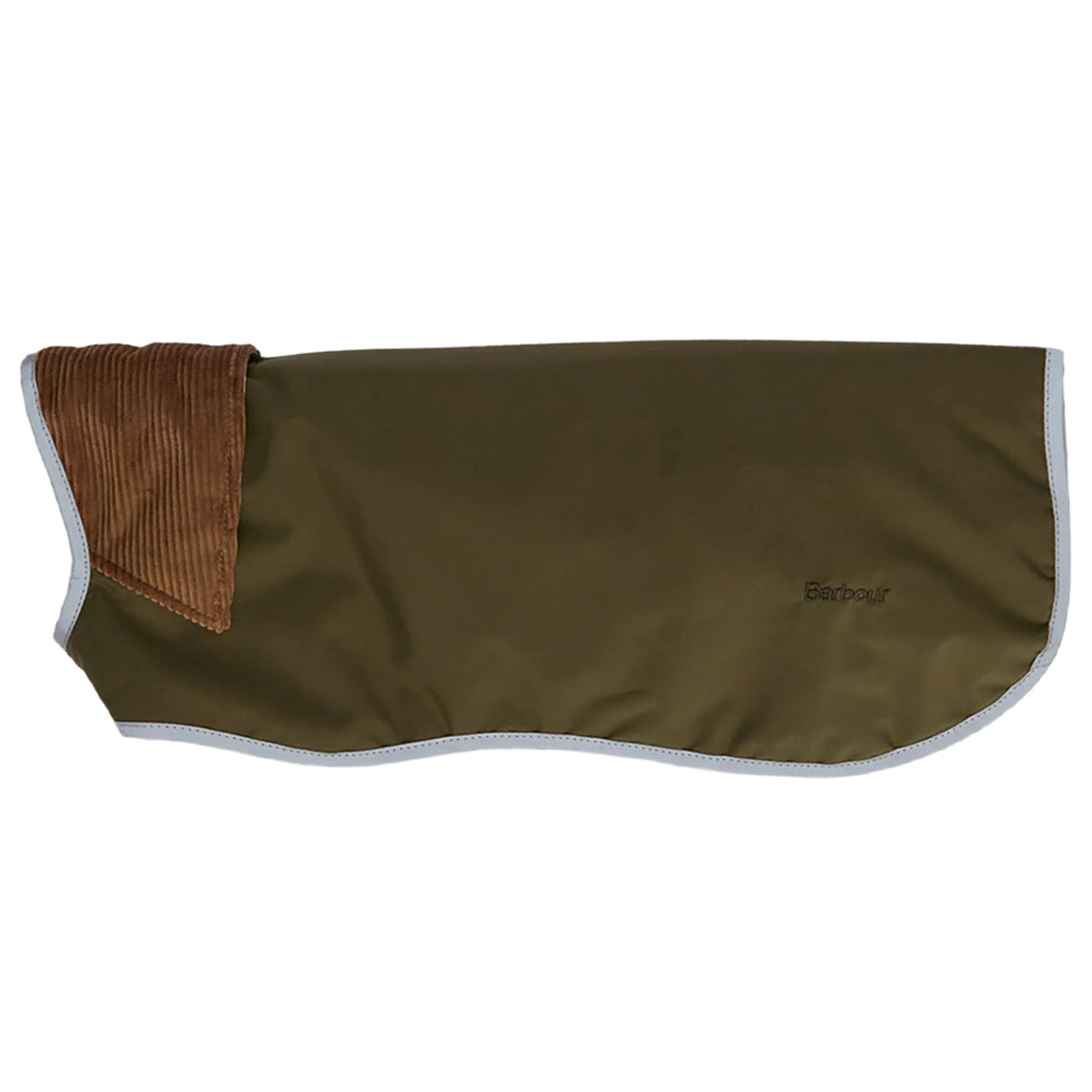 Barbour Monmouth olive green waterproof dog coat with brown corduroy collar trim
