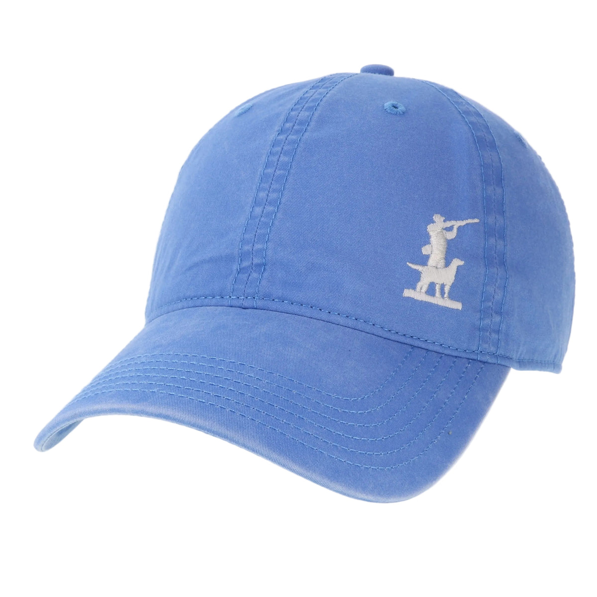 Blue cotton twill baseball cap with white embroidered hunter and dog logo
