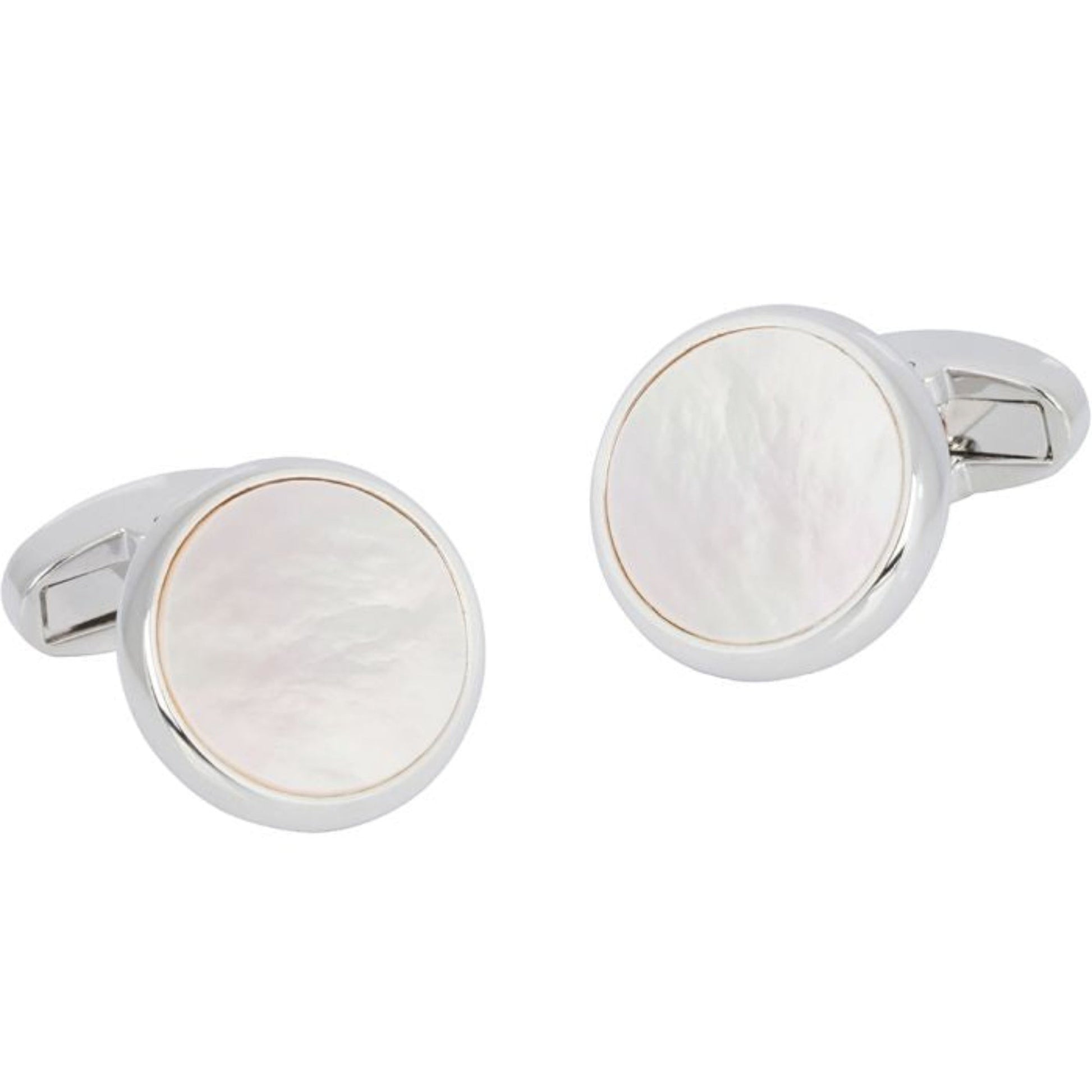 Round silver cufflinks with white mother of pearl inset and toggle closure