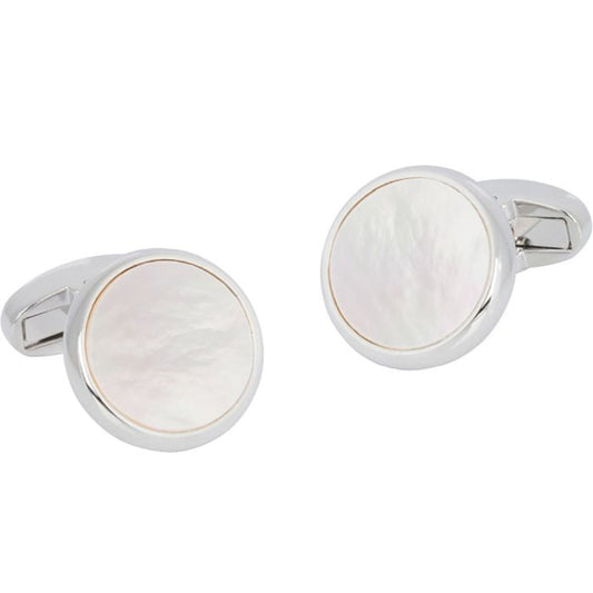 Round silver cufflinks with white mother of pearl inset and toggle closure