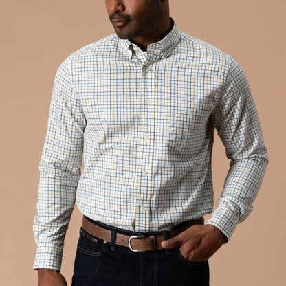 Men's white blue tan plaid button-down twill shirt with chest pocket