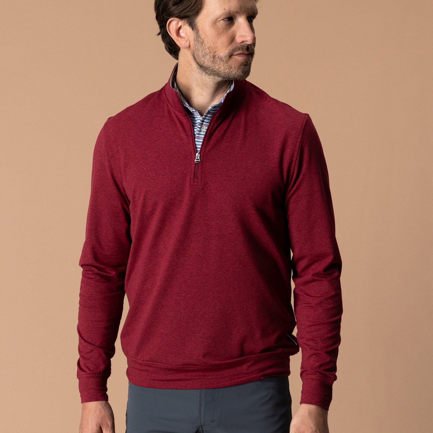 Men's deep red quarter-zip pullover sweater with mock neck and long sleeves