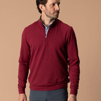 Men's deep red quarter-zip pullover sweater with mock neck and long sleeves