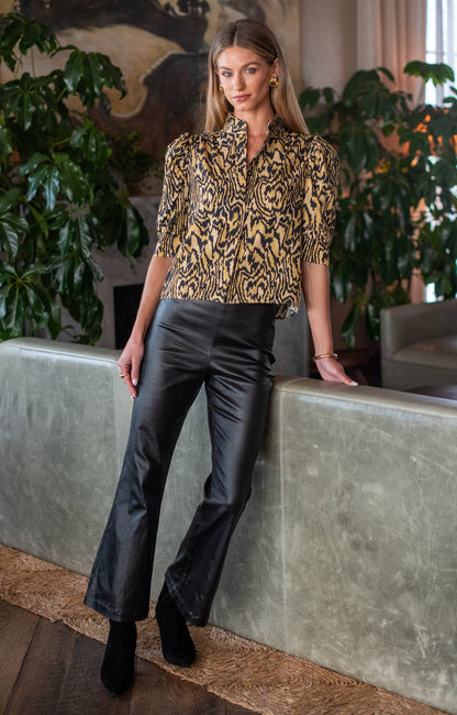 Women's gold and black animal print blouse with puff elbow sleeves and mandarin collar