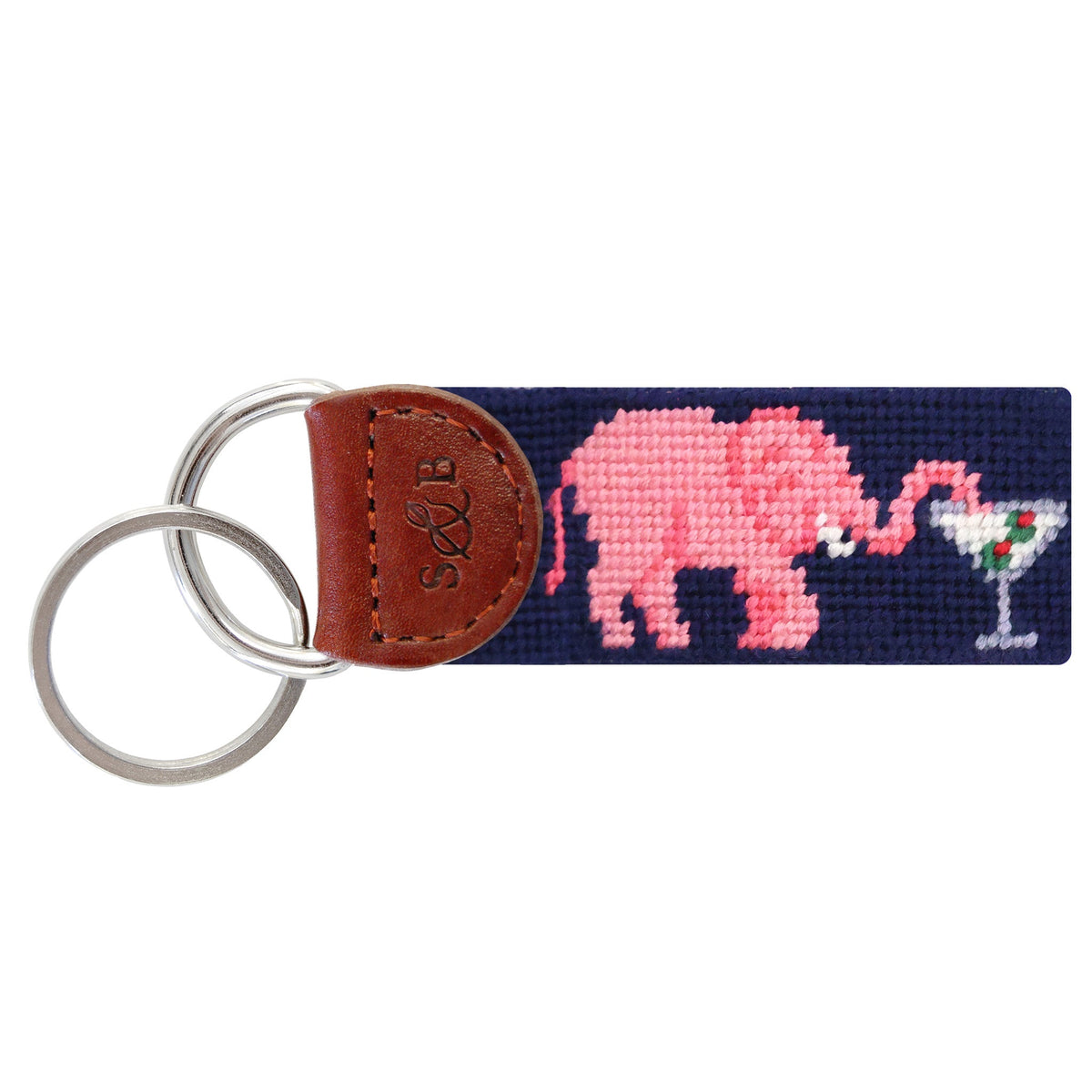Navy needlepoint key fob with pink elephant holding a martini glass, leather tab