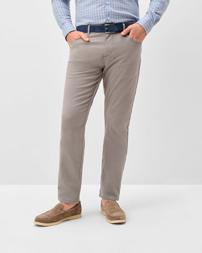Men's taupe grey sateen 5-pocket pants with navy belt and loafers
