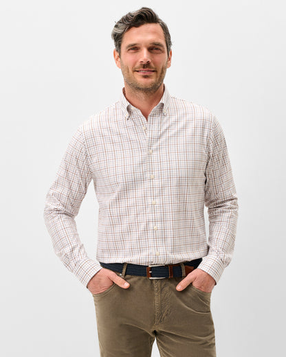 Men's white plaid long-sleeve button-down shirt with button-down collar