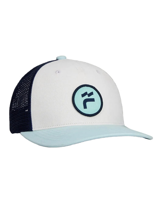 White and navy youth trucker hat with light blue brim and circular brand logo patch