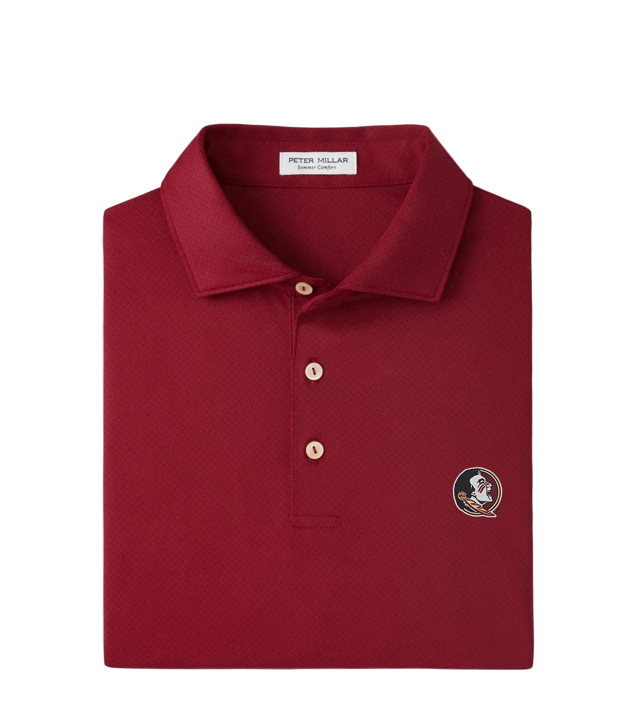 Peter Millar maroon FSU Seminoles logo polo shirt folded with three buttons