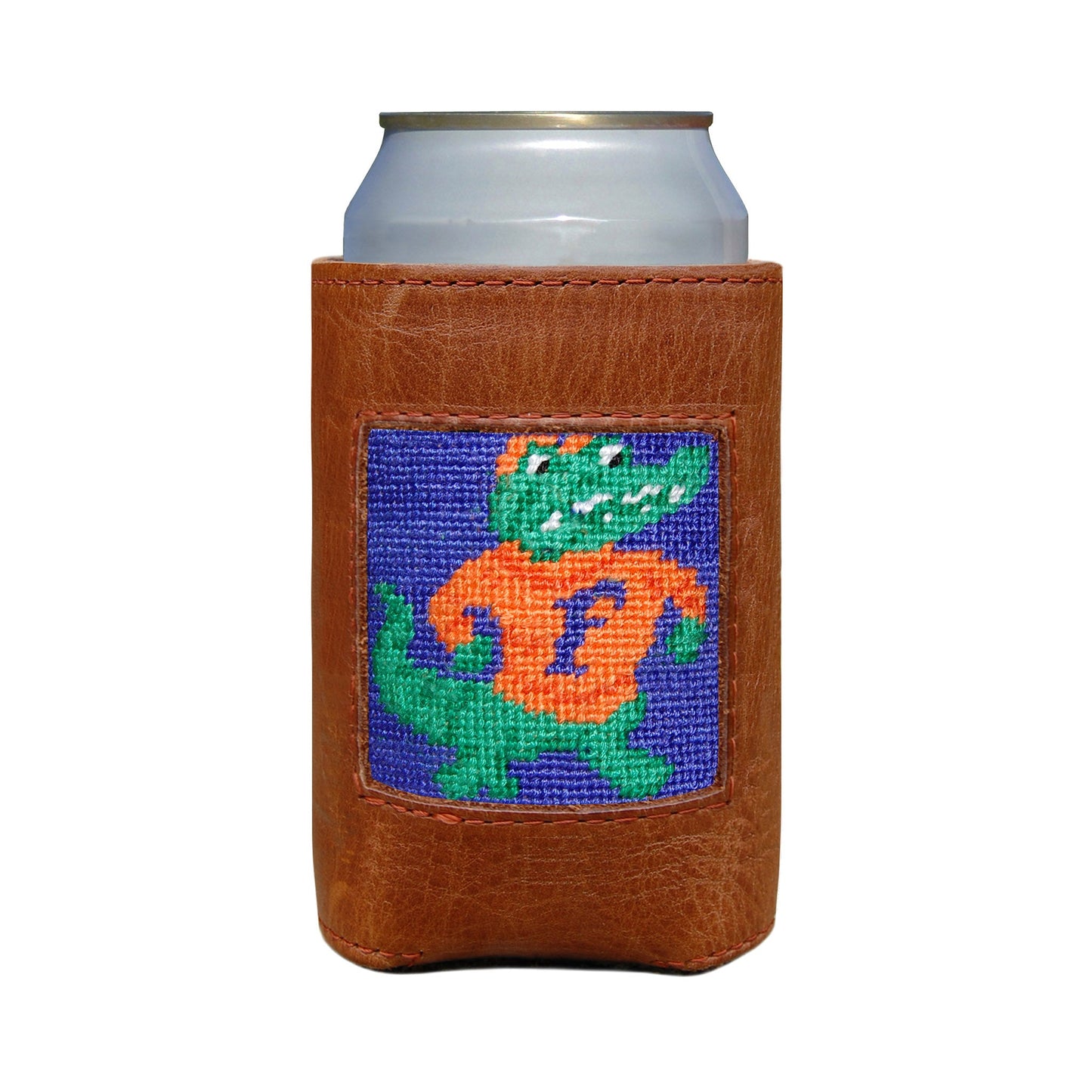 Brown leather can koozie with needlepoint Florida Gators Albert mascot patch holding beverage can