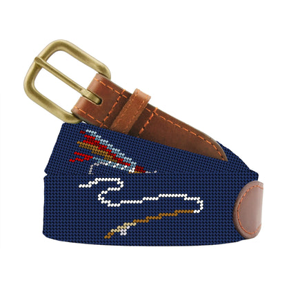 Navy needlepoint belt with fly fishing motif and brass buckle with tan leather