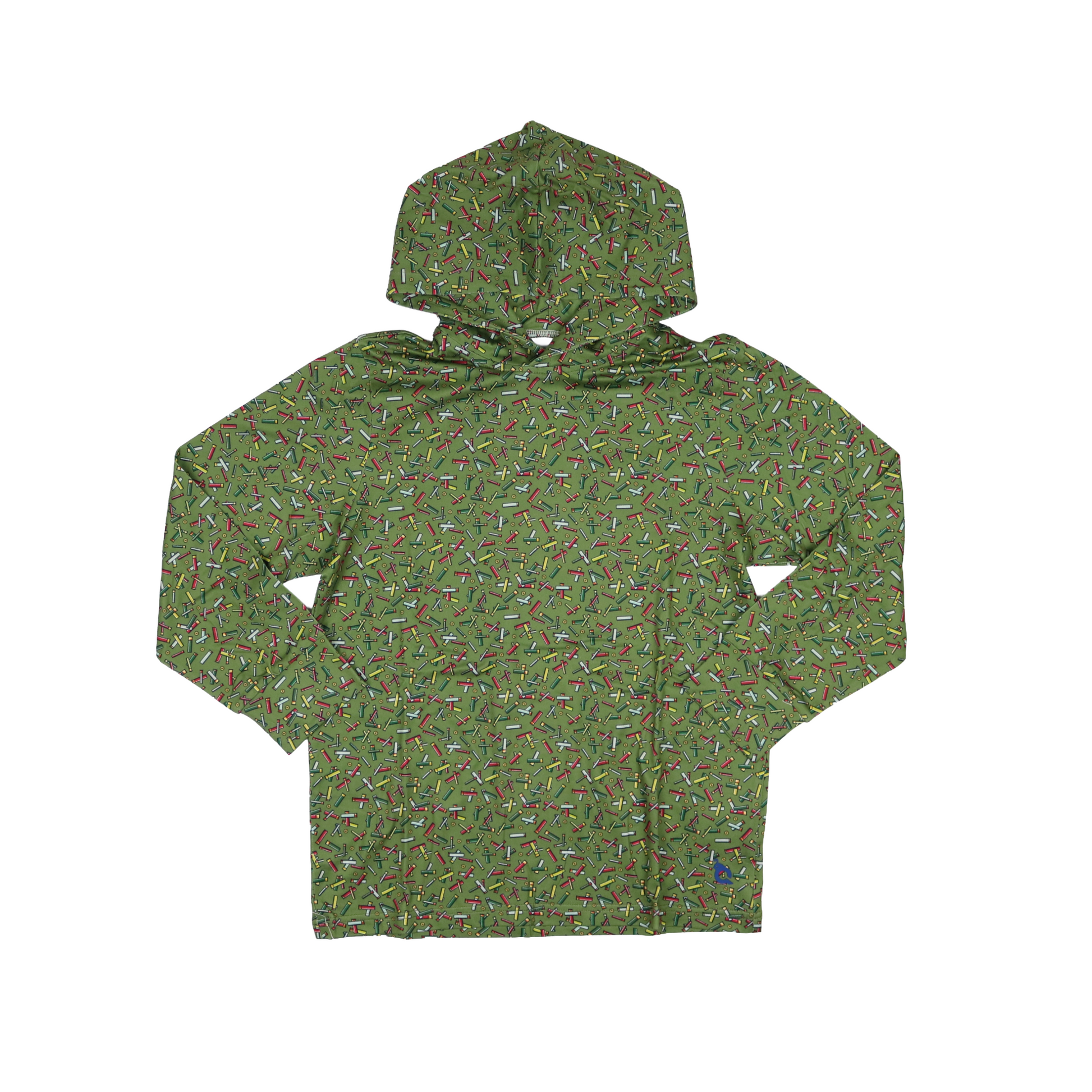 Green long-sleeve youth hoodie with colorful scattered pencil print pattern