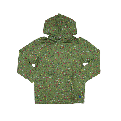 Green long-sleeve youth hoodie with colorful scattered pencil print pattern
