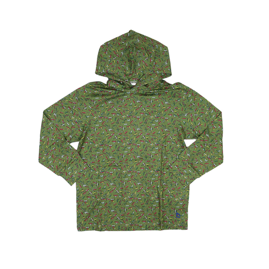 Green long-sleeve youth hoodie with colorful scattered pencil print pattern