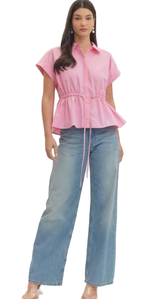 Ws Solid Cap Sleeve Top Drawstring Peplum Pink