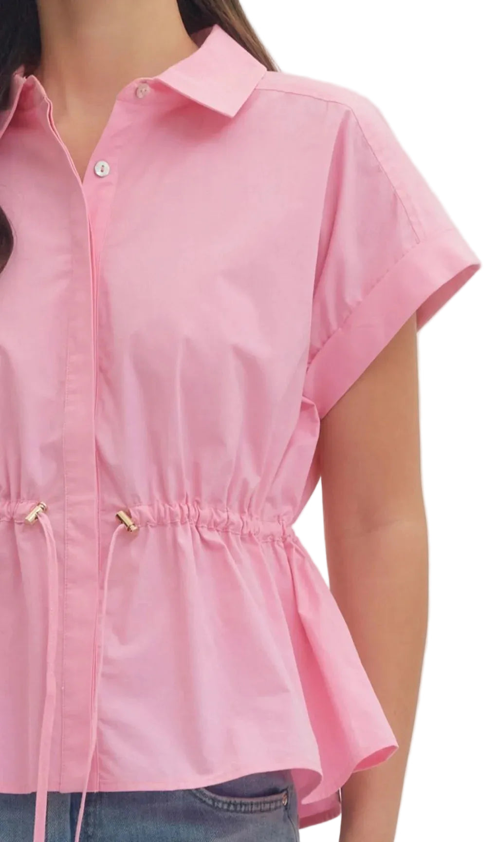 Ws Solid Cap Sleeve Top Drawstring Peplum Pink
