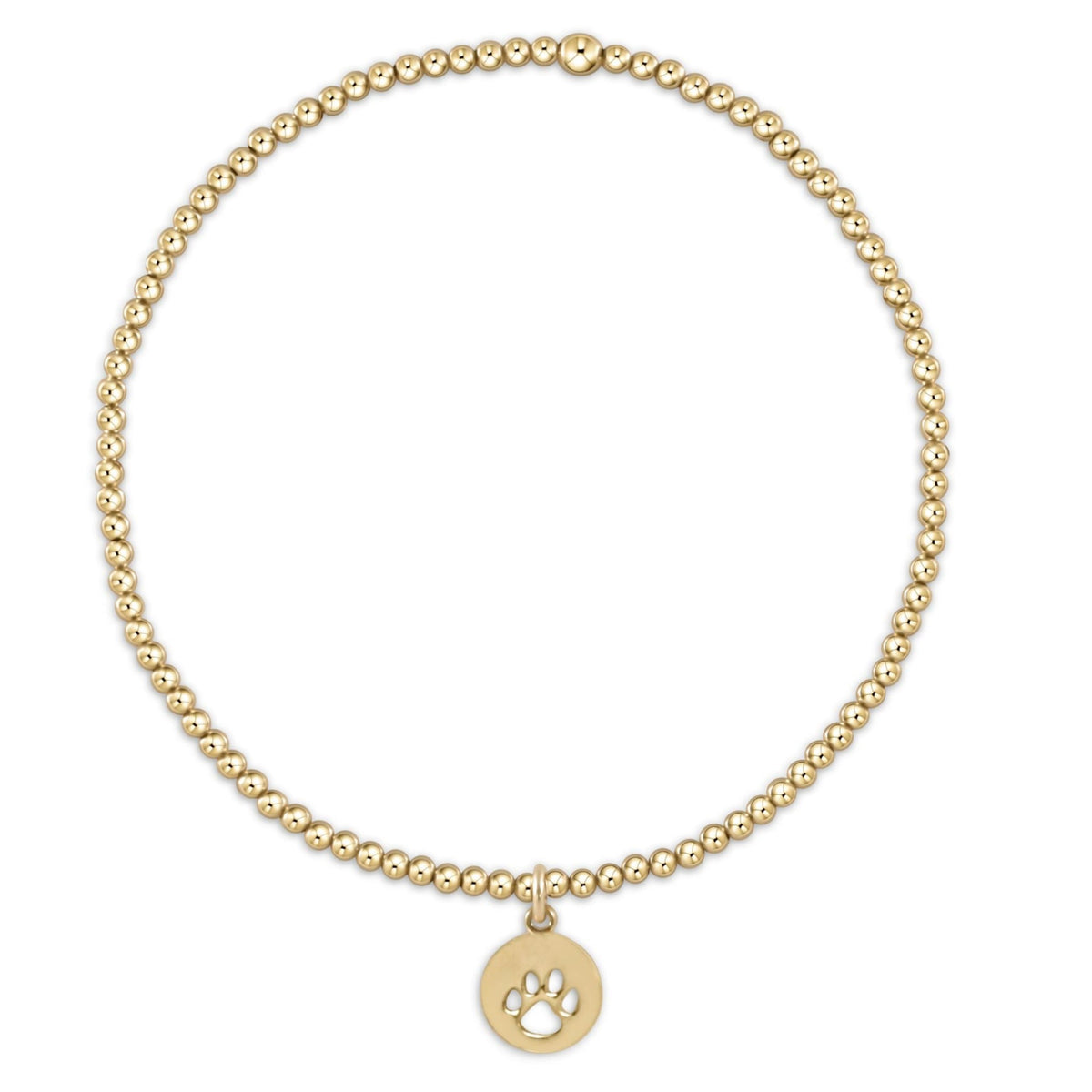 Gold beaded stretch bracelet with small round paw print cutout charm pendant